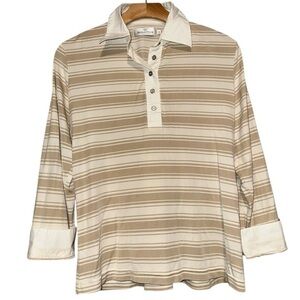 Bugatchi Women’s Size L Tan Beige White Striped Silk Henley Collared Polo Shirt
